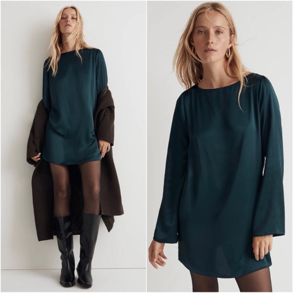 Madewell Dress Shift Mini Bell Sleeves Satin Smoky Spruce XS